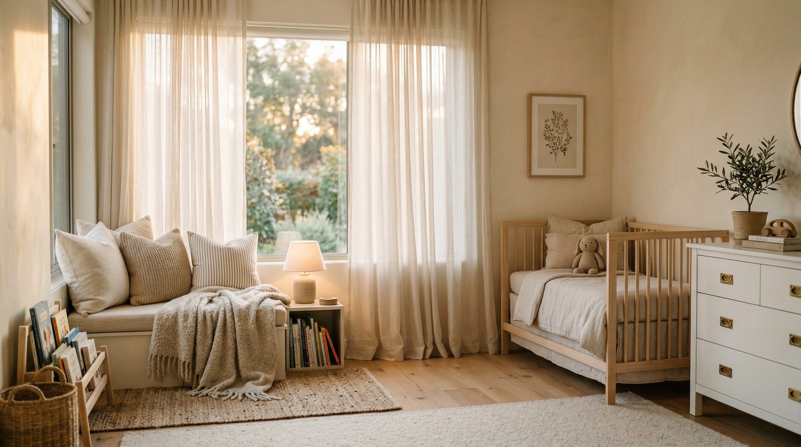 A peaceful, warm-toned child's bedroom with natural light